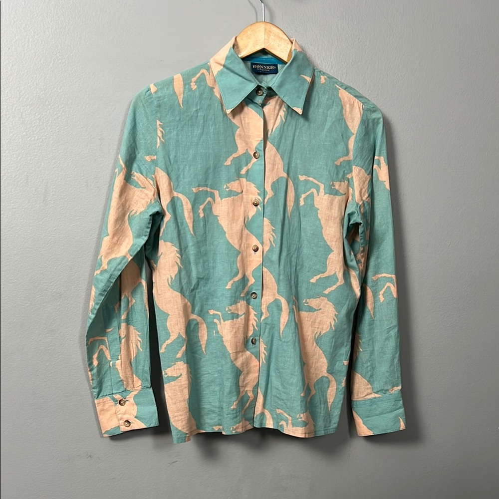 Rönner Ronner Design Cotton Mustang Print Green and Tan Button-Up Shirt